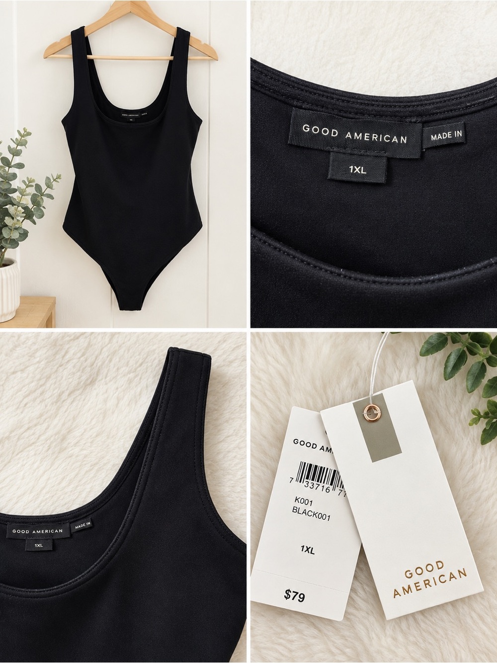 Good American Black Scoop-Front Bodysuit